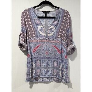 BCBGMaxazria Top Womens Small Roll Tab Sleeve Boho Lightweight Work Indie Boho